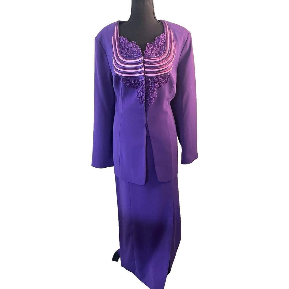 VTG Champagne‎ Italy 2 Pc Purple Crepe Skirt Suit A-Line Shoulder Pad 14
